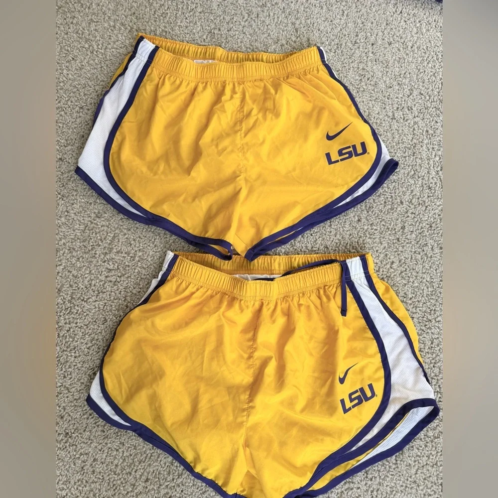 Nike Purple and Yellow LSU Athletic Shorts Trio -plus black Nike socks - Picture 2 of 7